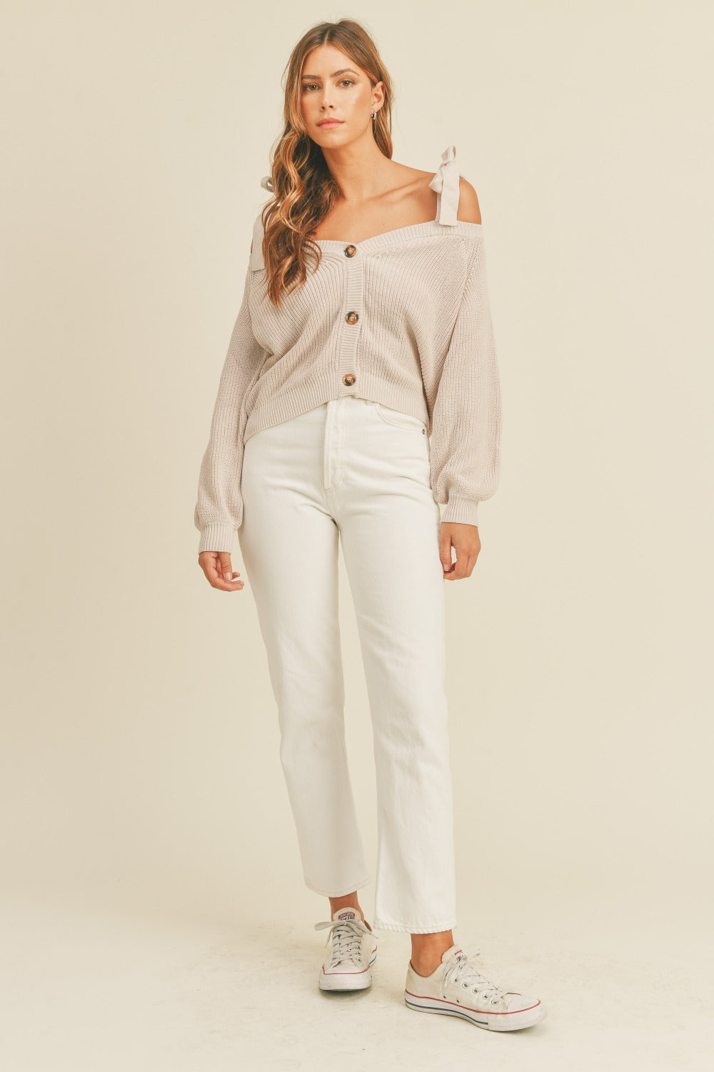 Off‑Shoulder Tie Strap Button Down Sweater