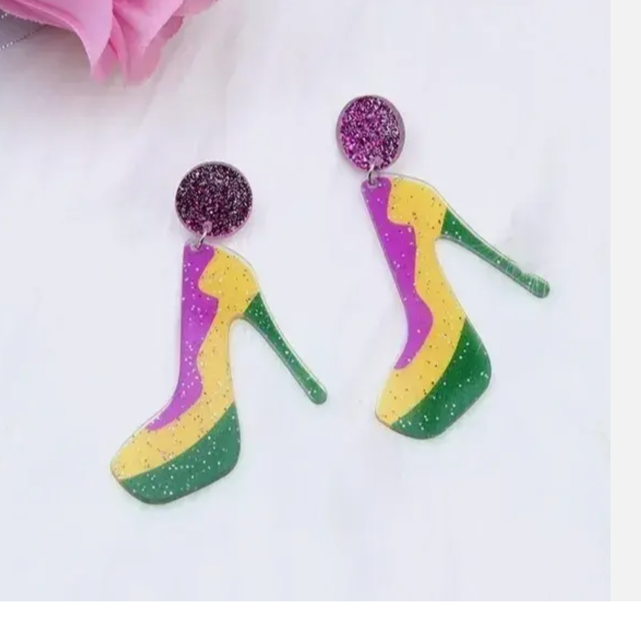 Mardi Gras Queen Purple, Green, and Gold Stiletto Earrings