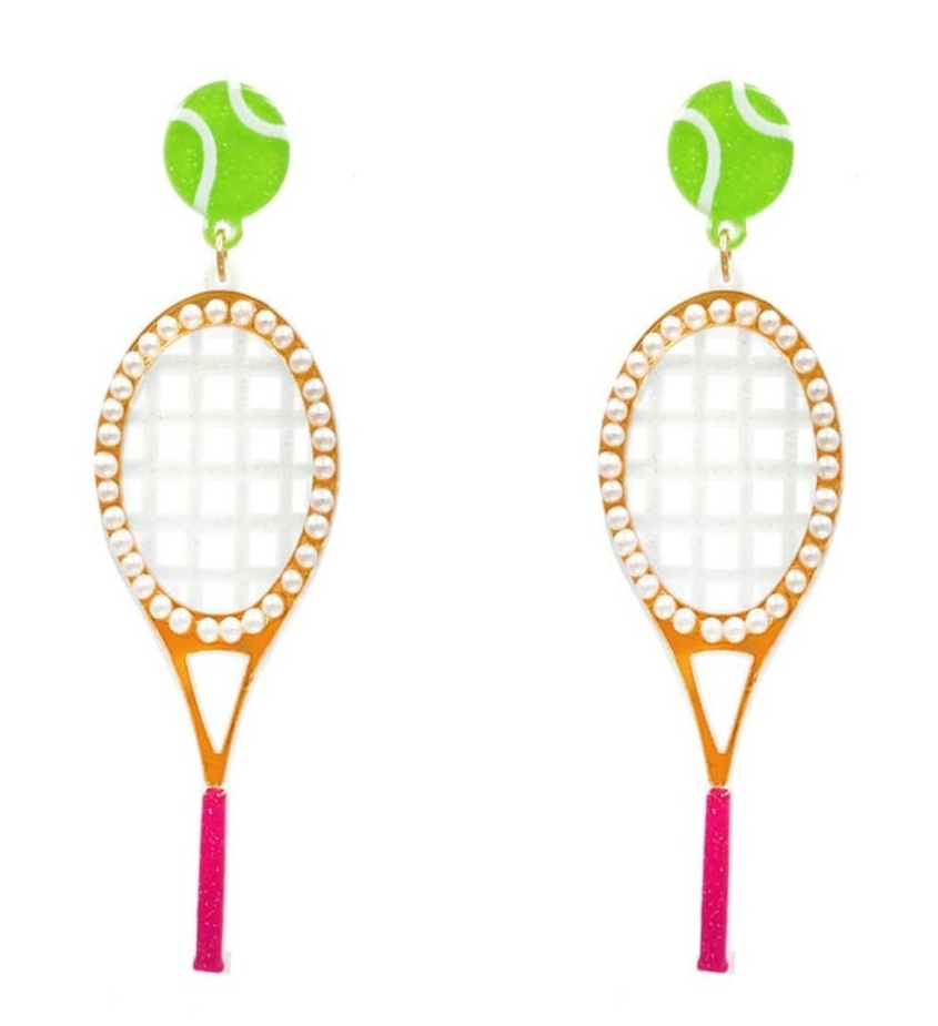 Wimbledon Tennis Racket Earrings – Acrylic Drop Post, 2.7" Statement Pair