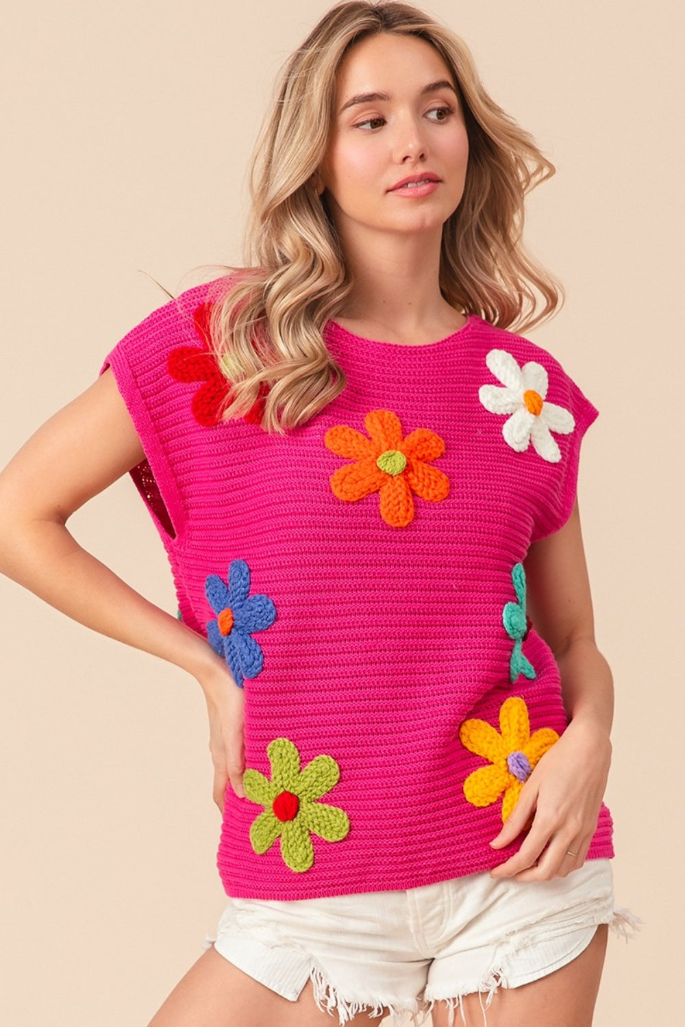 Hot Pink Flower Round Neck Cap Sleeve Knit Top