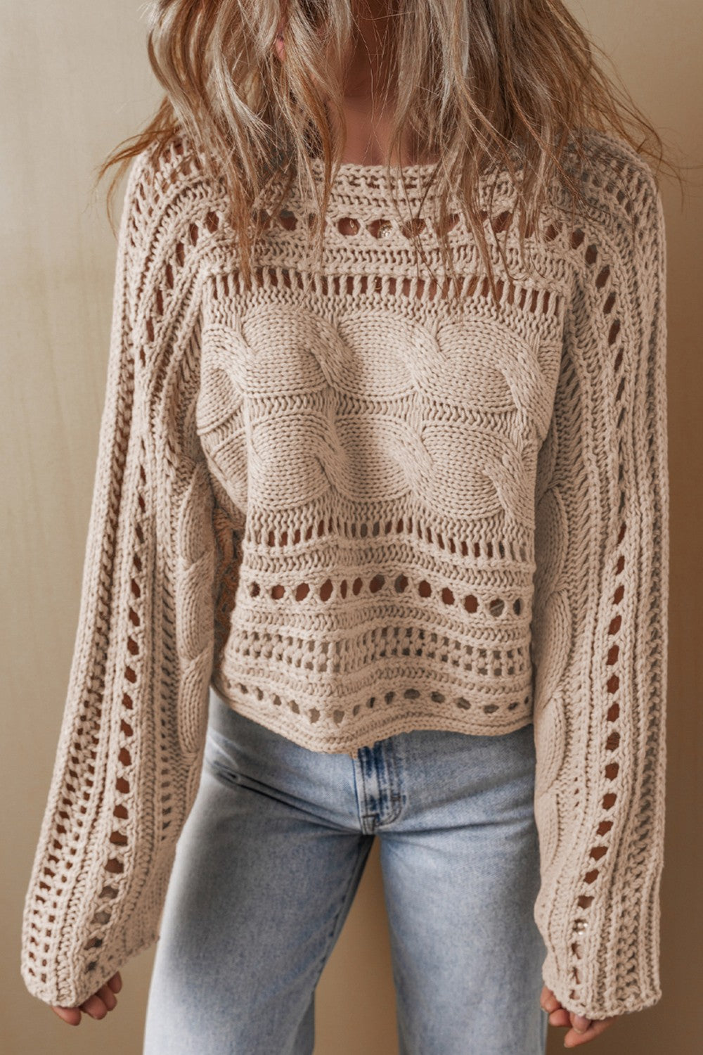 Natural Cable-Knit Openwork Long Sleeve Sweater