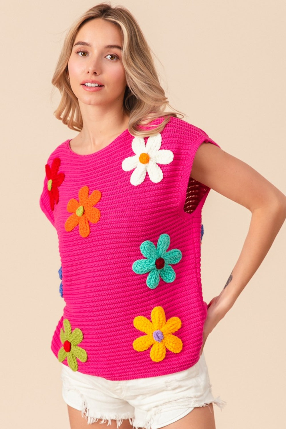 Hot Pink Flower Round Neck Cap Sleeve Knit Top