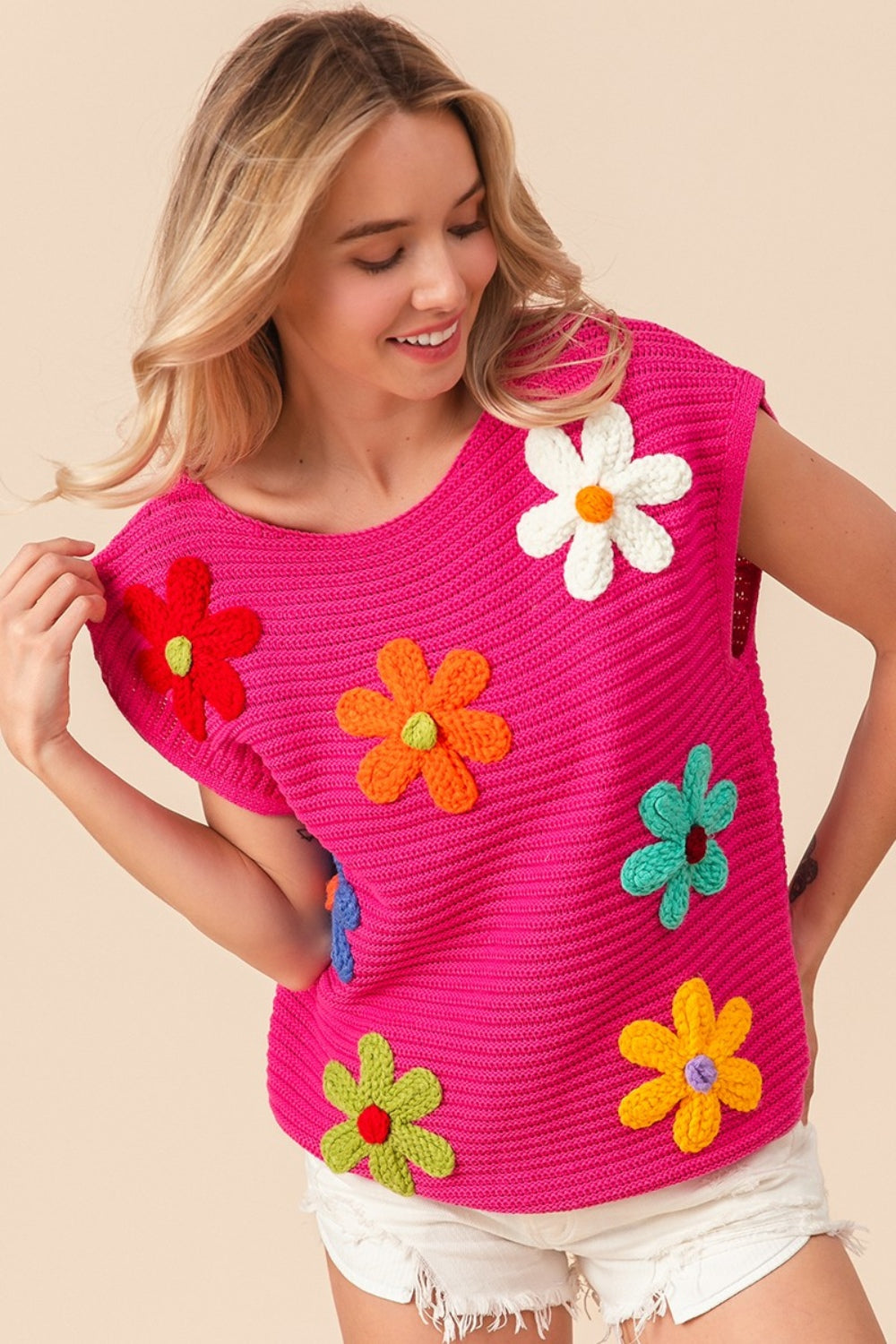 Hot Pink Flower Round Neck Cap Sleeve Knit Top