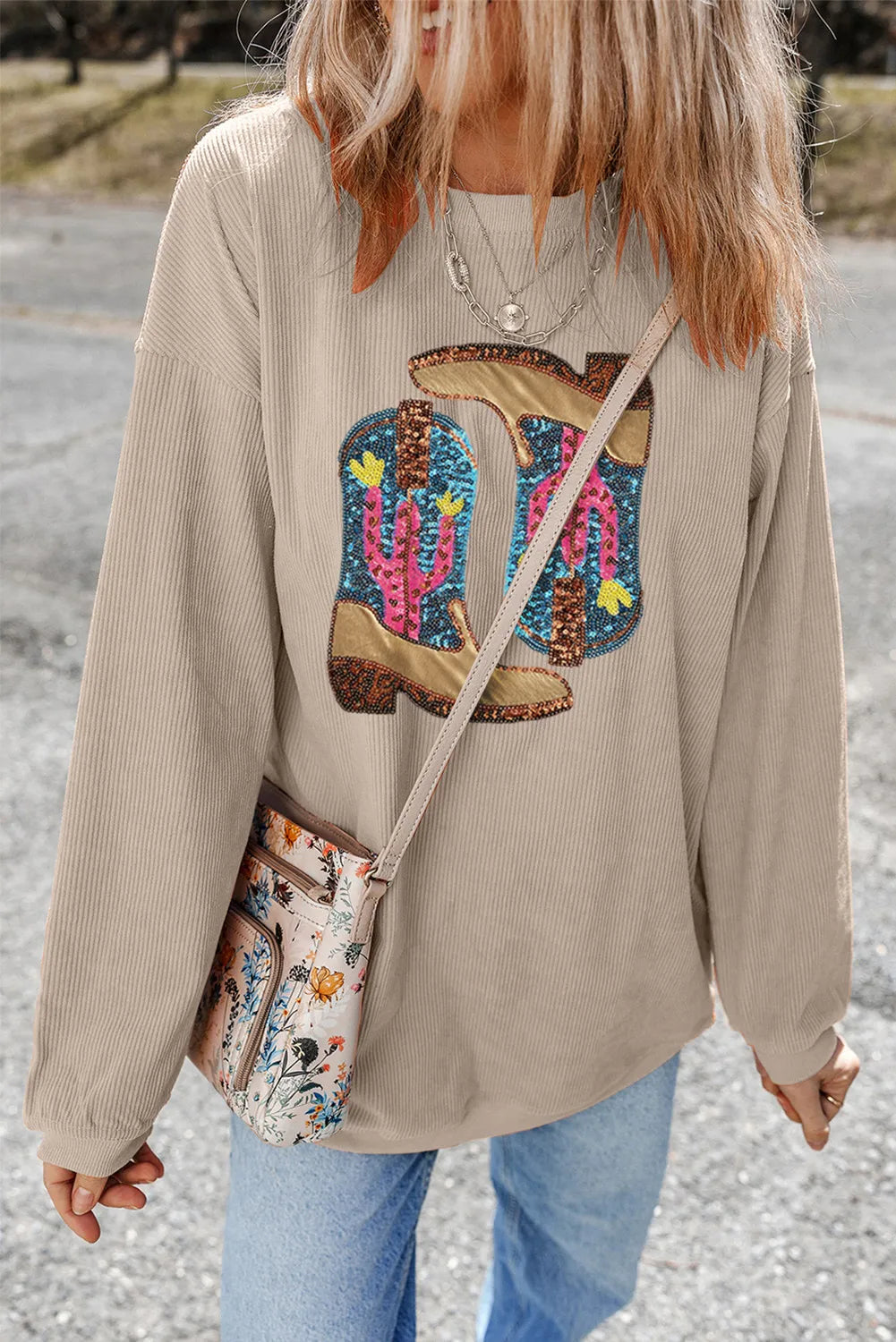 Sequin Boots Long Sleeve Sweatshirt