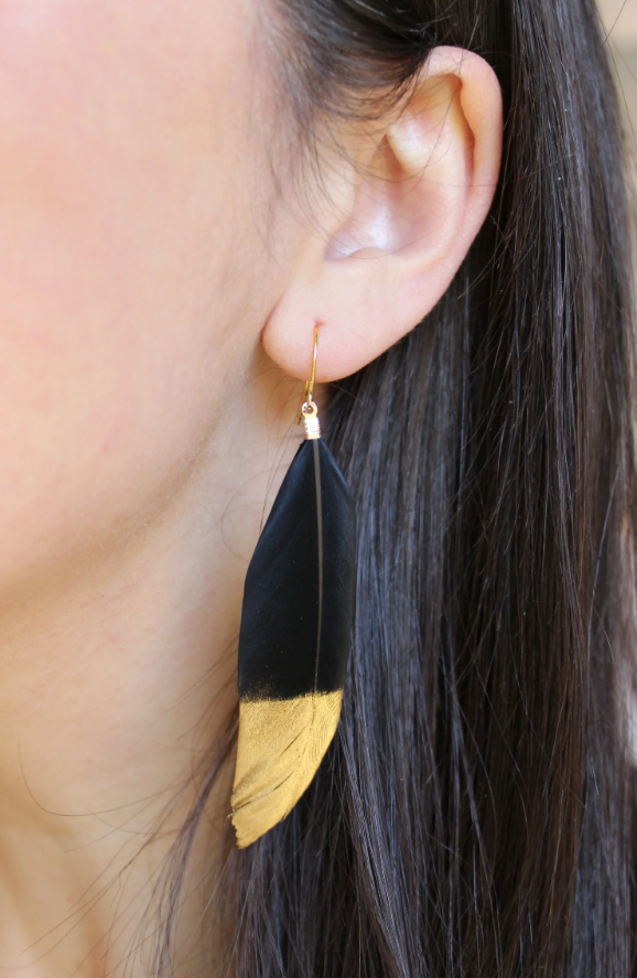 Dripping Gold Black Feather Earrings Statement New Orleans