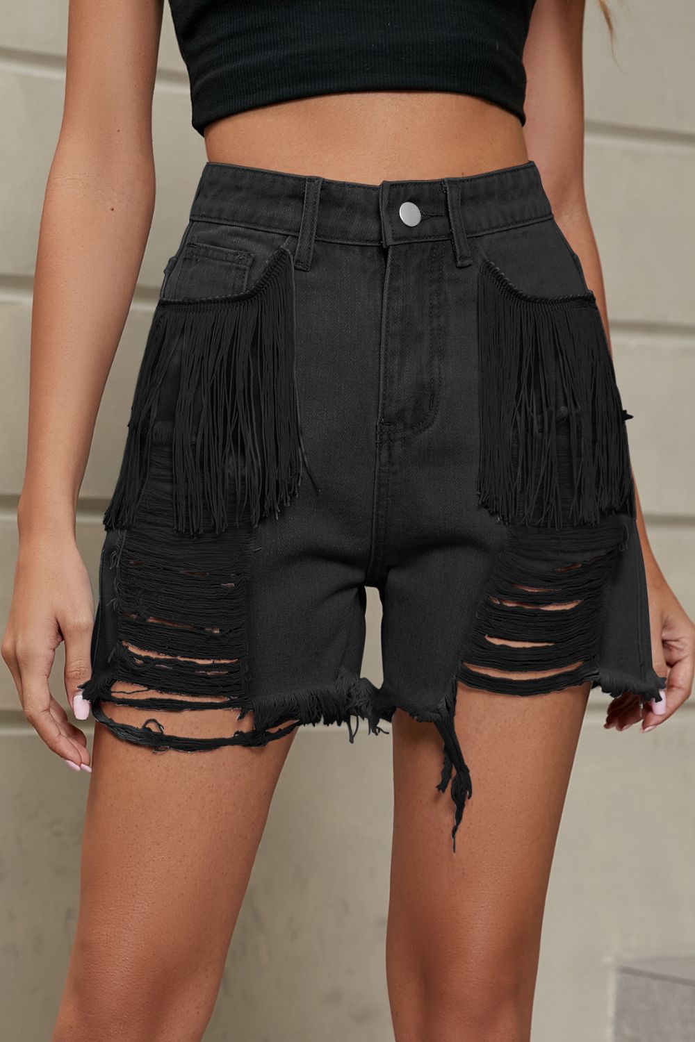 Jager Distressed Denim Shorts with Fringe Statement New Orleans