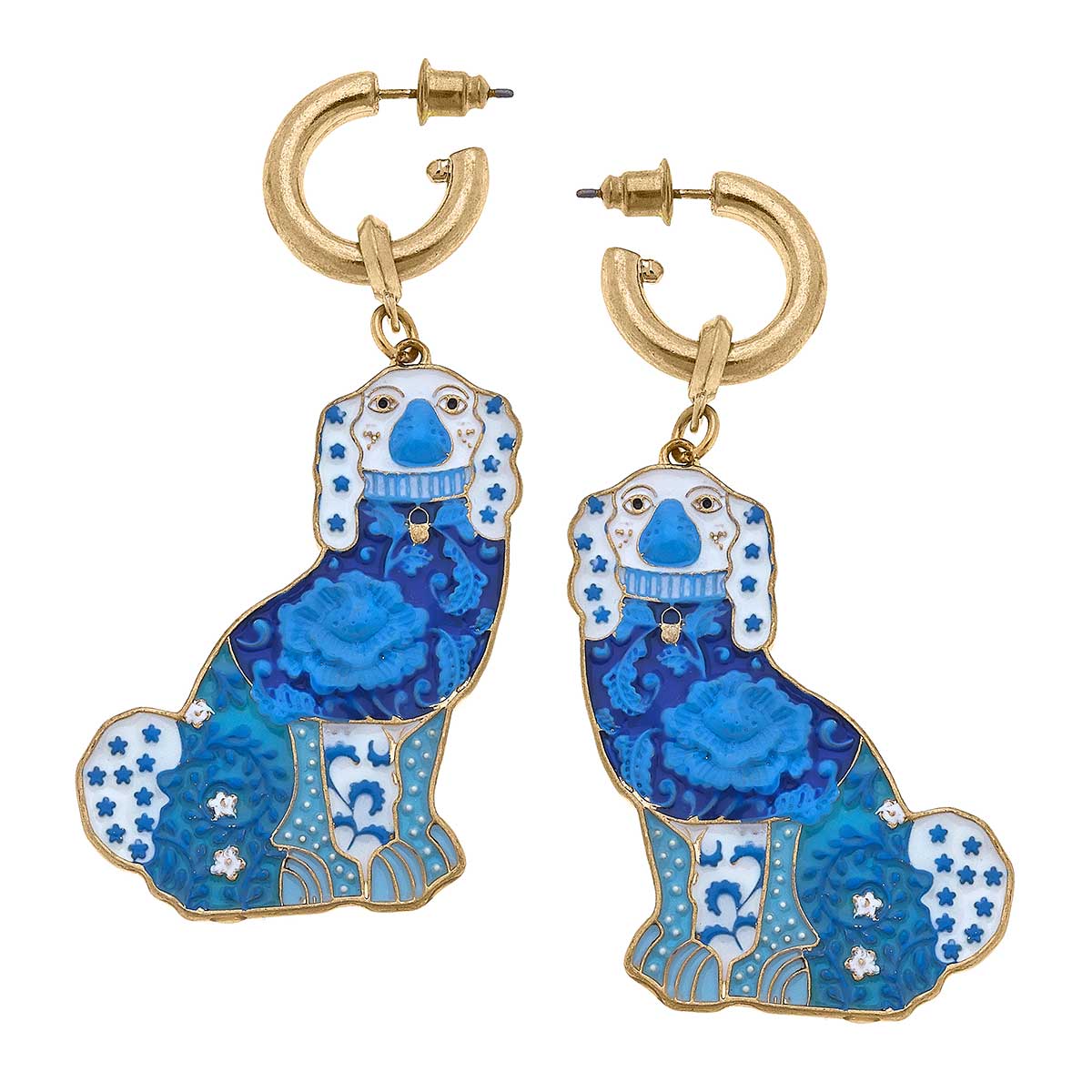 Lacey Staffordshire Dog Earrings in Blue & White Statement New Orleans