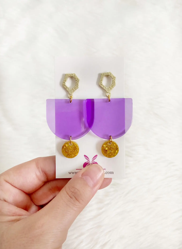 Purple & Gold Dangle Earrings Statement New Orleans