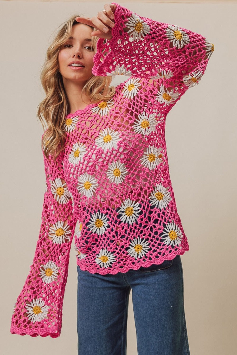 Pink + Daisies Floral Crochet Net Lace Cover Up