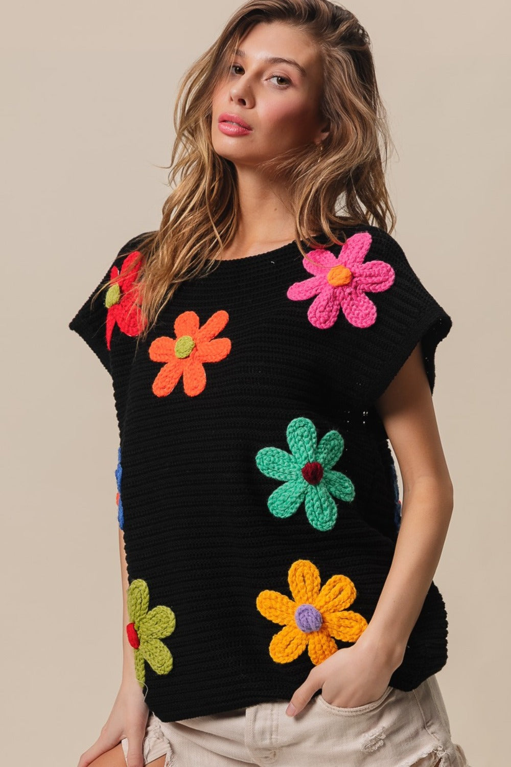 Flower Round Neck Cap Sleeve Knit Top in Black