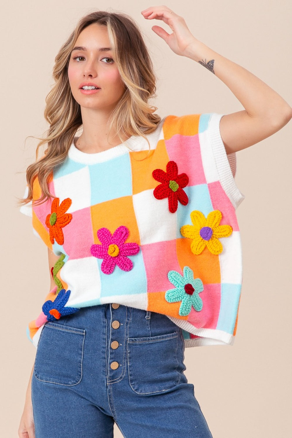 Flower Patch Checkered Sweater Vest