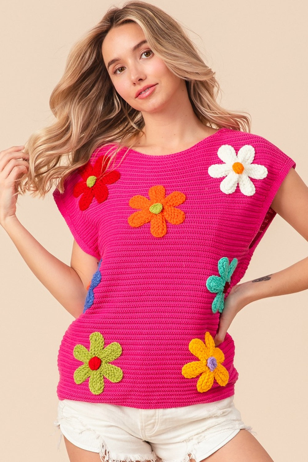 Hot Pink Flower Round Neck Cap Sleeve Knit Top