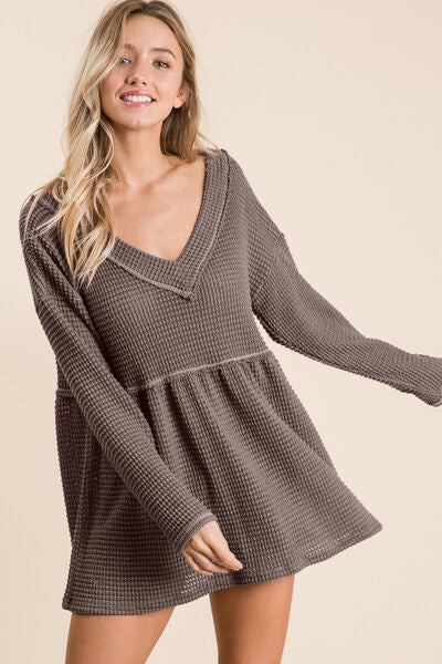 Mocha Waffle Knit V-Neck Babydoll Blouse