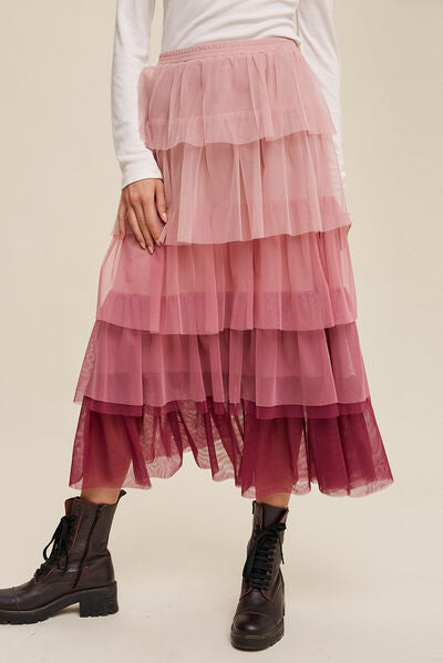 Rose Sweetheart Layered Tulle Midi Skirt