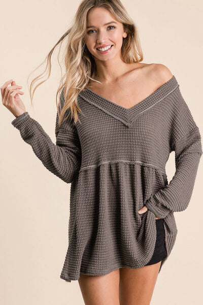 Mocha Waffle Knit V-Neck Babydoll Blouse