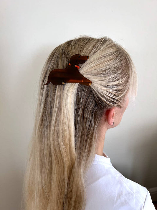 woman wearing dachsund hair clip