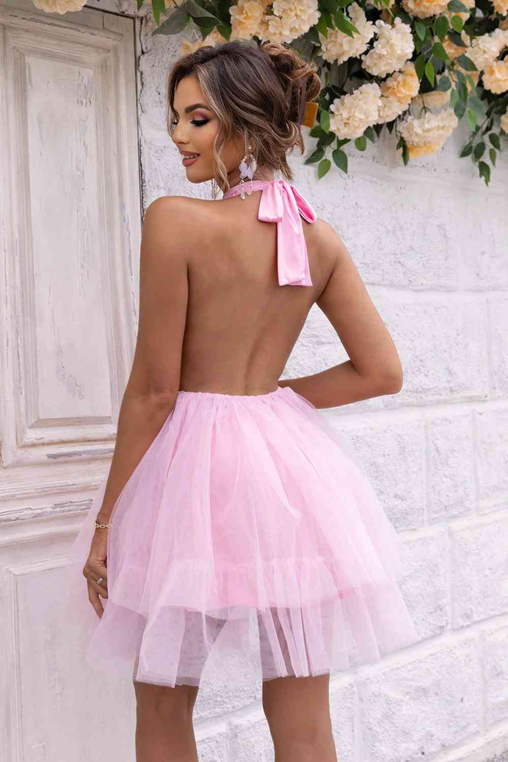 Halter Neck Backless Mesh Dress - Available in Pink and White