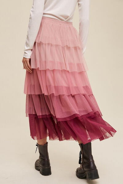 Rose Sweetheart Layered Tulle Midi Skirt