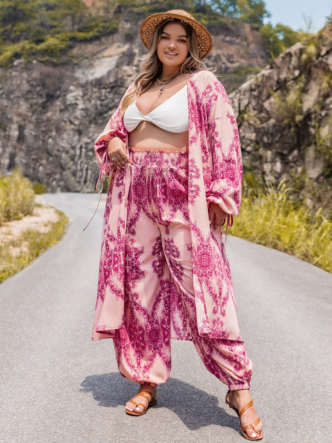 Open Front Kimono and Pants Set