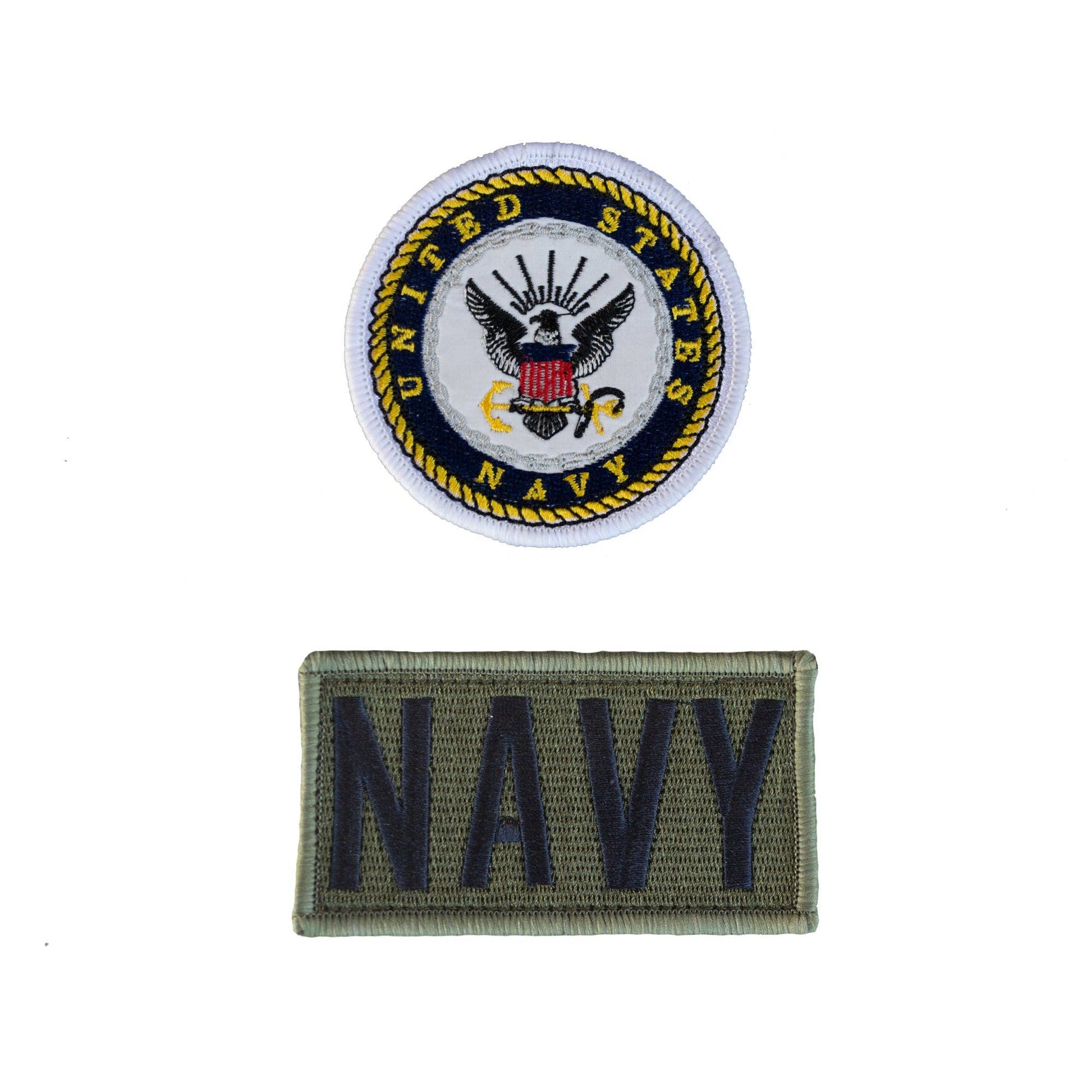 Two patches, one with a navy blue background and the United States Navy emblem, and the other with a green background and the word 'Navy' in white.