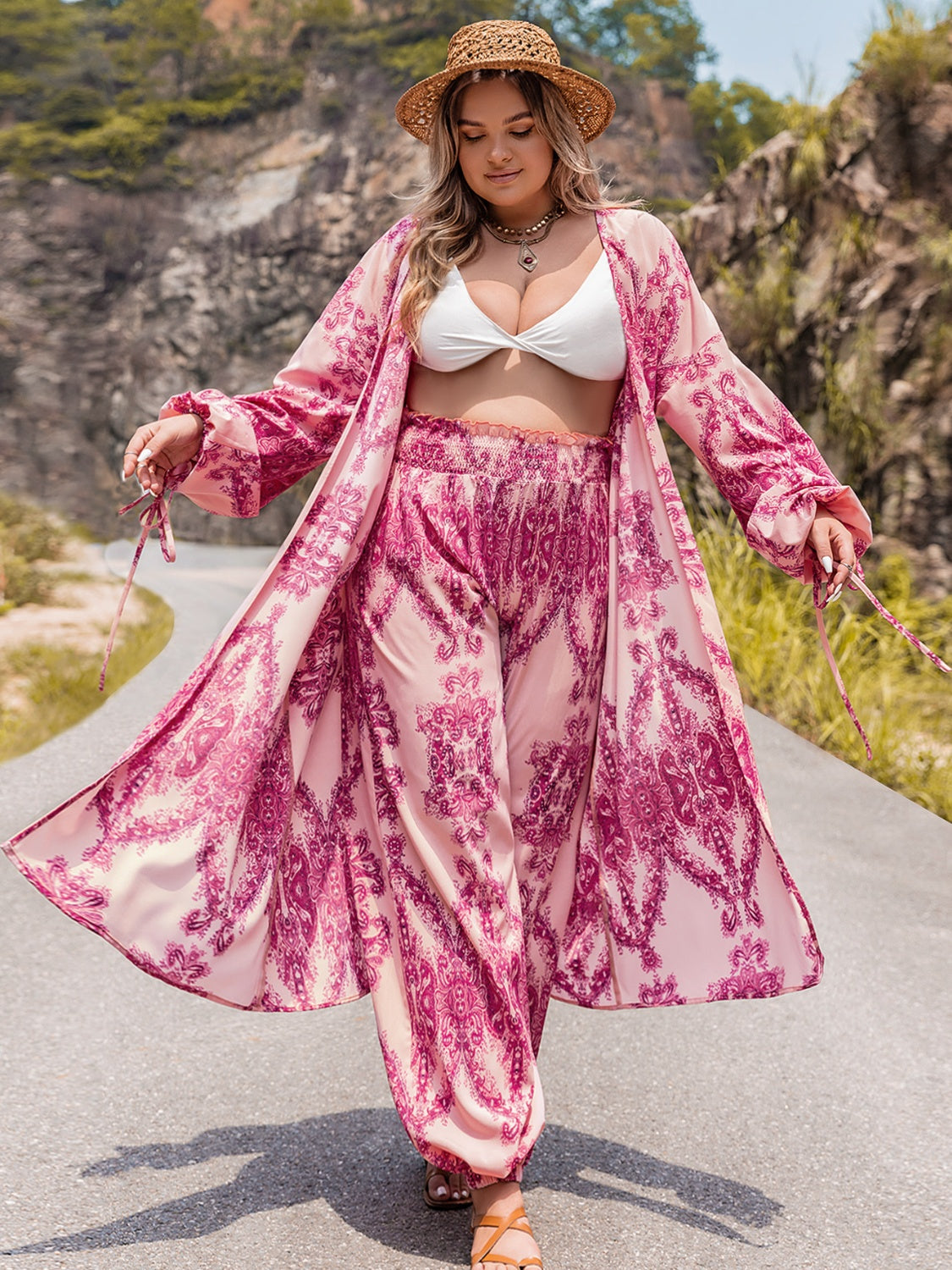 Open Front Kimono and Pants Set